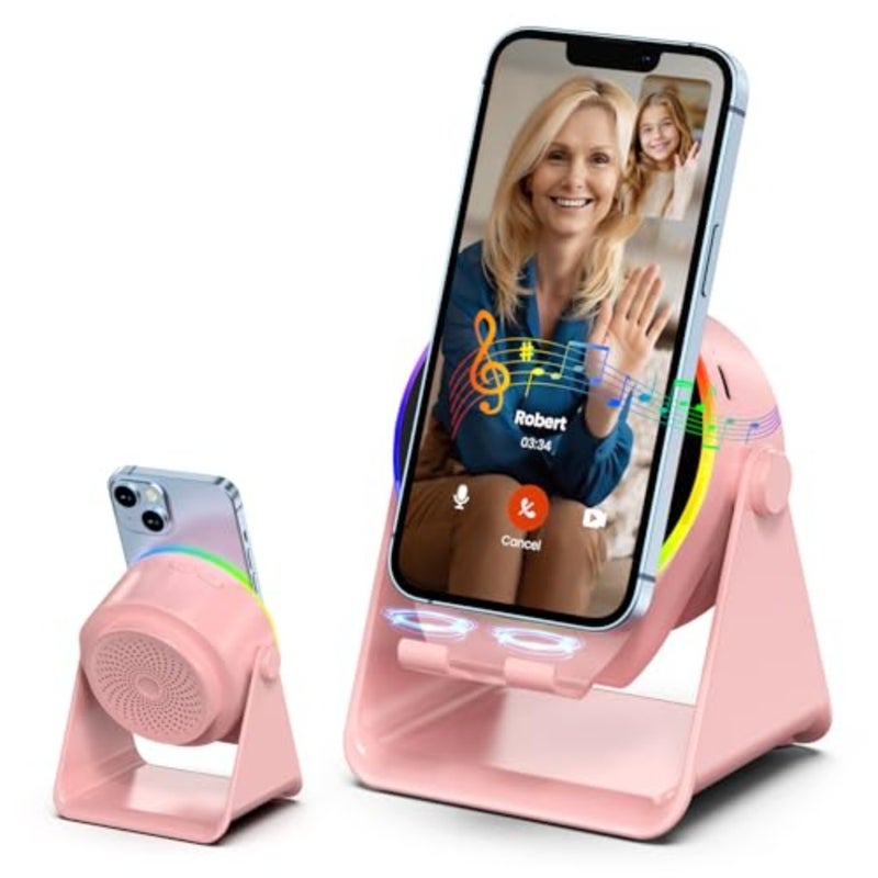 Wireless Induction Speaker, 4 in1 Phone Stand Bluetooth Speaker Amplifier with Colorful Ambient Light 360° Rotation Holder for Tablet iPhone Android, Cool Tech Gadgets Gifts for Adults Teens - Image 1