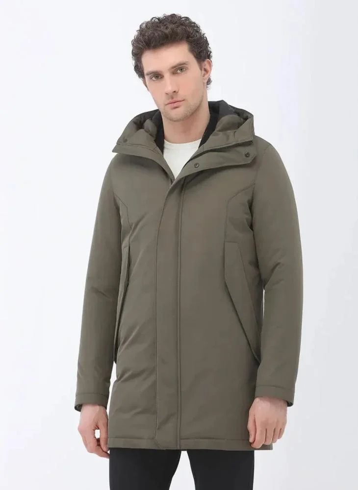 Kip Khaki Regular Fit Hooded Casual Weaving Coat