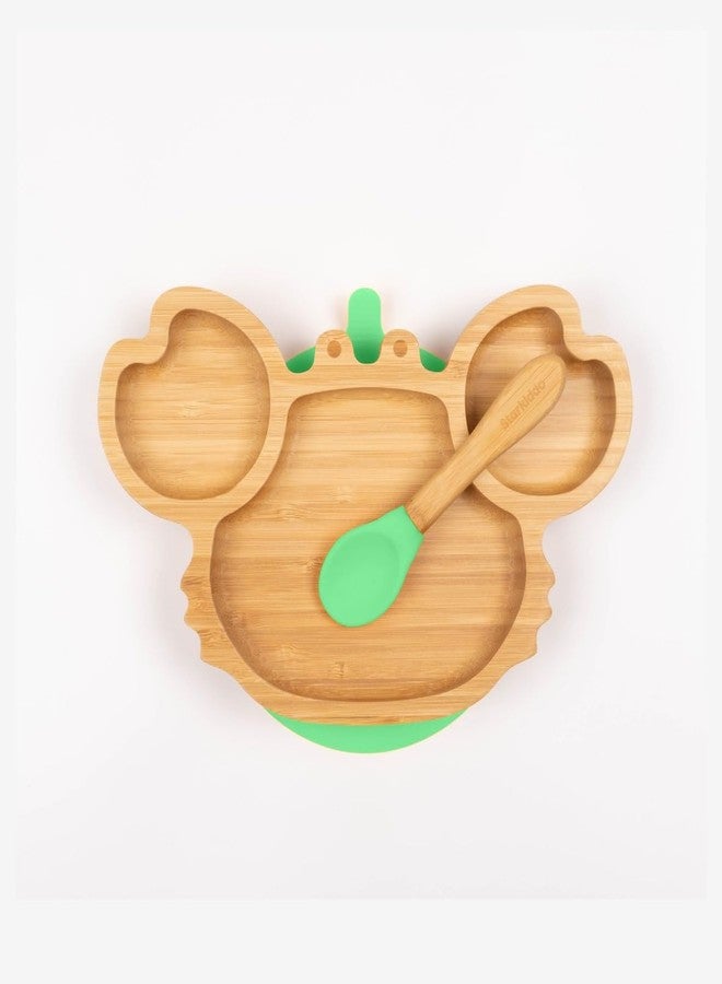 StarKiddo®️ ‘Cute Crab’ Baby Plate for Kids and Baby-Led Weaning | 3 Sections | Non-Toxic | Super Strong Suction Cup - Natural Bamboo BPA Free Baby Plate for Stay Put Feeding (Green) - Image 1