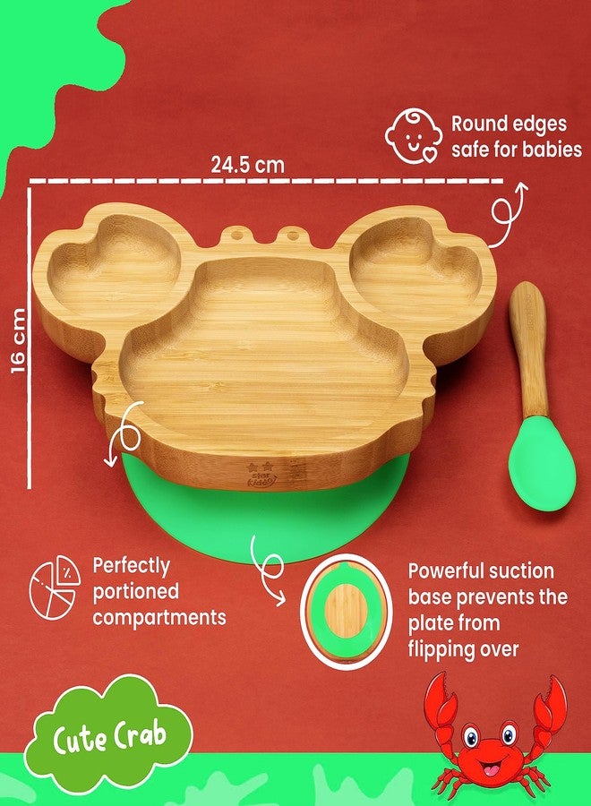 StarKiddo®️ ‘Cute Crab’ Baby Plate for Kids and Baby-Led Weaning | 3 Sections | Non-Toxic | Super Strong Suction Cup - Natural Bamboo BPA Free Baby Plate for Stay Put Feeding (Green) - Image 3