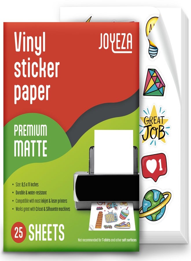 JOYEZA Premium Printable Vinyl Sticker Paper for Inkjet Printer - 25 Sheets Matte White Waterproof, Dries Quickly Vivid Colors, Holds Ink well- Tear Resistant - Inkjet & Laser Printer - Image 1