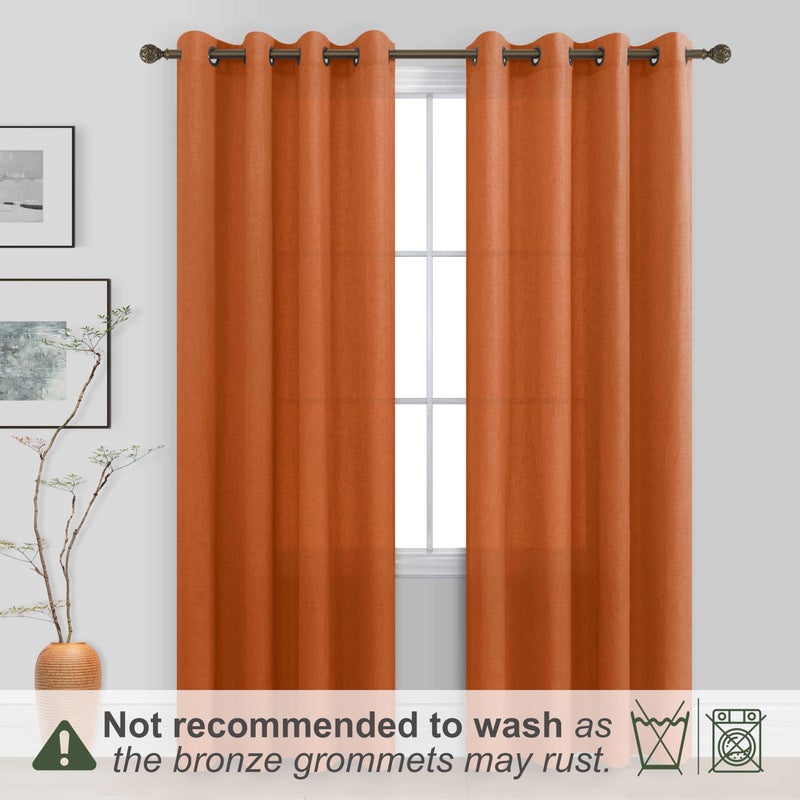 KOUFALL Burnt Orange Curtains 2 Panels Sheer Linen Grommet Bohemian Curtains for Living Room Bedroom 84 Inches Long Dark Dusty Orange - Image 2