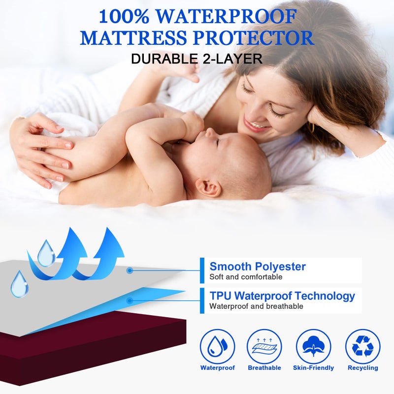 Sufdari Full Size Mattress Protector Waterproof Mattress Protector Fitted Sheet Style Mattress Cover with 18"" Deep Pocket Washable and Comfortable-Dark red Full - Image 3