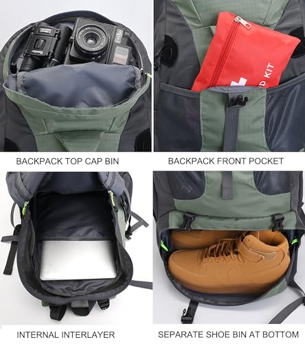 Bseash 50L Hiking Backpack, Water Resistant Lightweight Outdoor Sport Daypack Travel Bag for Camping Climbing Skiing Cycling (Army Green - With Shoe Compartment) - Image 4