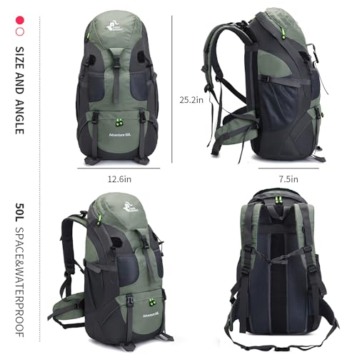 Bseash 50L Hiking Backpack, Water Resistant Lightweight Outdoor Sport Daypack Travel Bag for Camping Climbing Skiing Cycling (Army Green - With Shoe Compartment) - Image 2