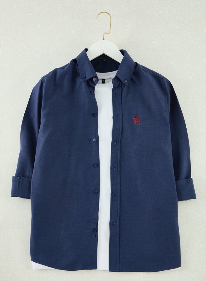 trendyol Navy Blue Regular Fit Embroidered Detail Smart Shirt - Image 2