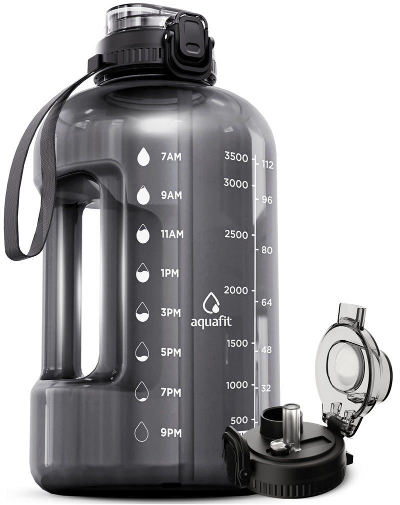 جالون ماء AQUAFIT بسعة 1 جالون مع علامة الوقت 2 في 1 غطاء شرب وشفاطة خالي من BPA زجاجة ماء كبيرة مع مقبض زجاجة ماء للجيم رمادي 128 أونصة غطاء 2 في 1