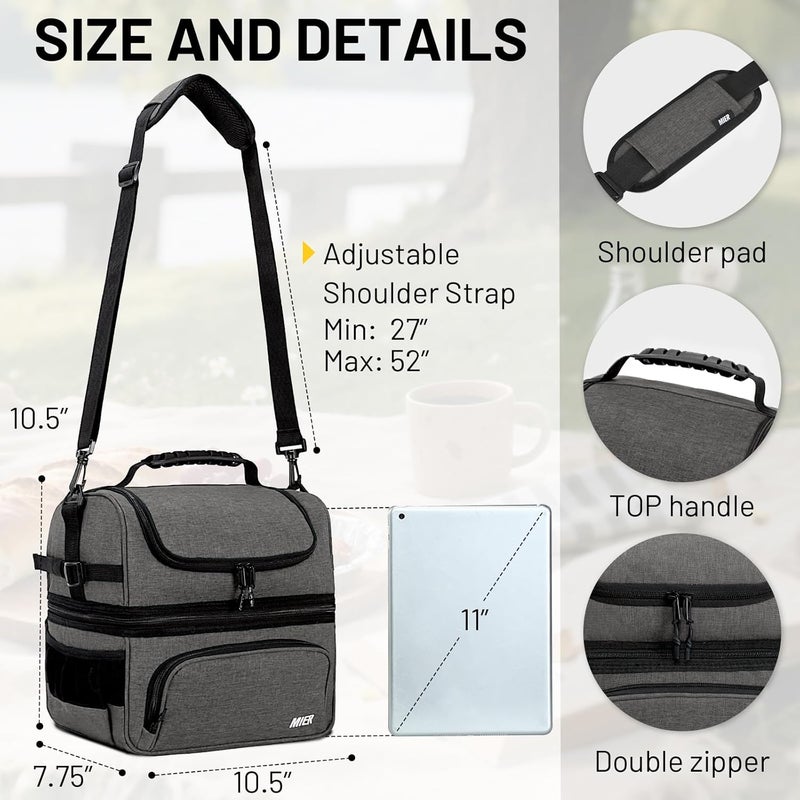 MIER Dual Compartment Lunch Bag Tote with Shoulder Strap for Men and Women Insulated Leakproof Cooler Bag, Grey - Image 4