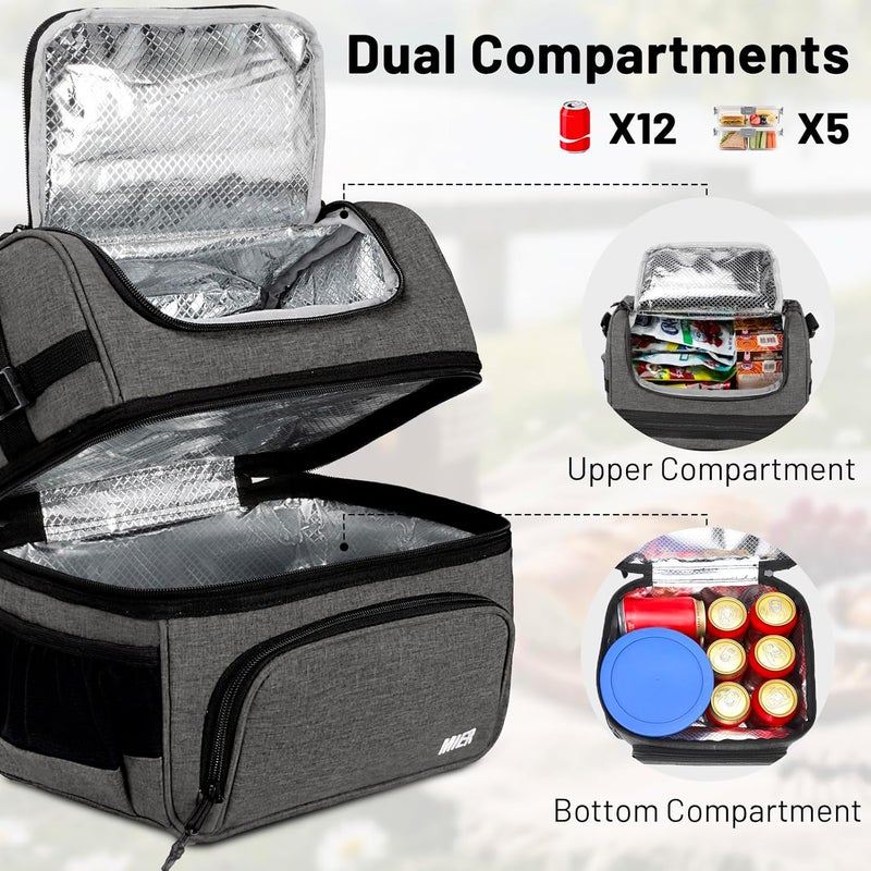 MIER Dual Compartment Lunch Bag Tote with Shoulder Strap for Men and Women Insulated Leakproof Cooler Bag, Grey - Image 2