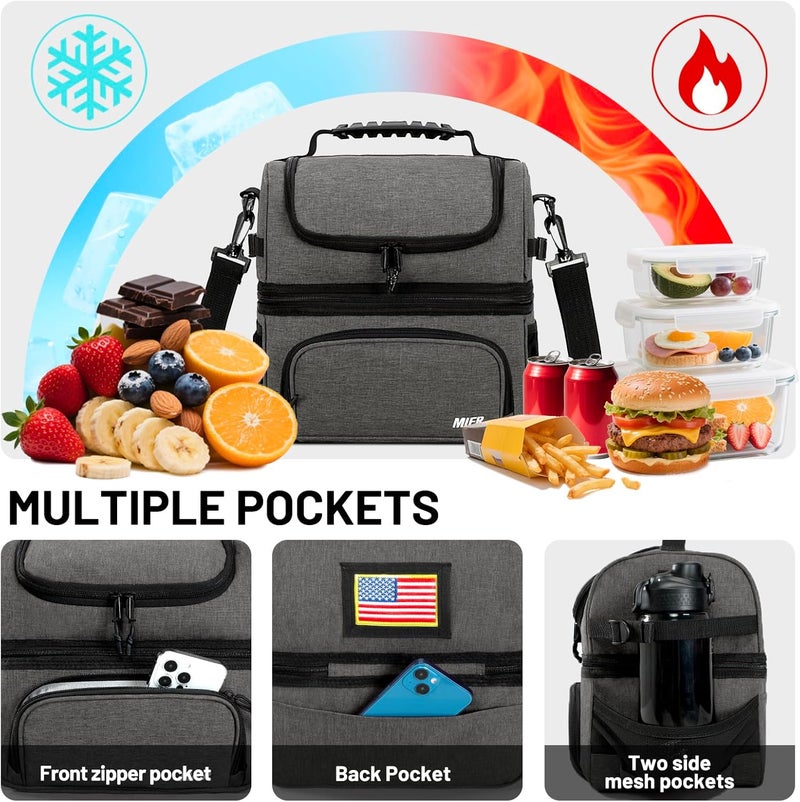 MIER Dual Compartment Lunch Bag Tote with Shoulder Strap for Men and Women Insulated Leakproof Cooler Bag, Grey - Image 3