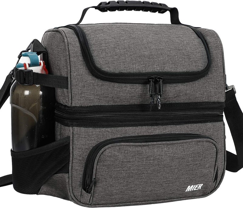 MIER Dual Compartment Lunch Bag Tote with Shoulder Strap for Men and Women Insulated Leakproof Cooler Bag, Grey - Image 1