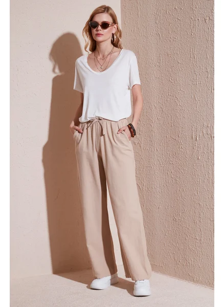 ليلا Cotton Relaxed Fit High Waist Wide Leg Pants Women's Trousers 668YP5118