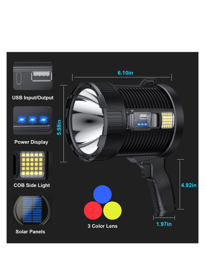 Rechargeable Spotlight, 100000 Lumens Led Spot Lights Handheld Large Flashlight Super Bright Outdoor Solar Spotlights Searchlight with Cob Light, 6 Modes, IPX5 Waterproof (Black) - Image 3