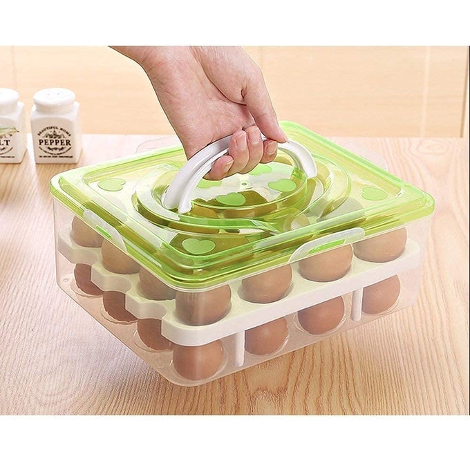 2 TIERS 32 EGGS STORAGE BOX LARGE CAPACITY REFRIGERATOR EGG HOLDER WITH HANDLE PORTABLE EGGS CARRIER CONTAINER TRANSPARENT