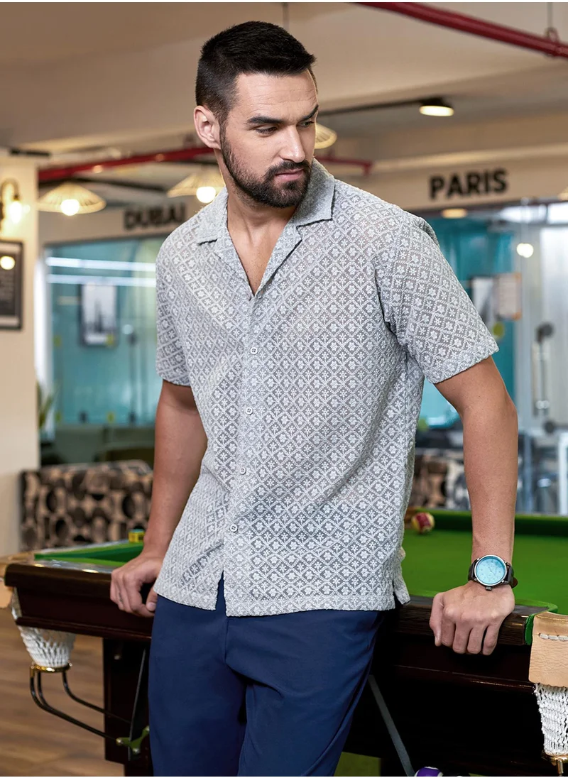 Campus Sutra Campus Sutra Men's Moon Grey Floral Embroidered Shirt For Casual Wear | Spread Collar | Short Sleeve | Button Closure | Shirt Crafted With Comfort Fit For Everyday Wear