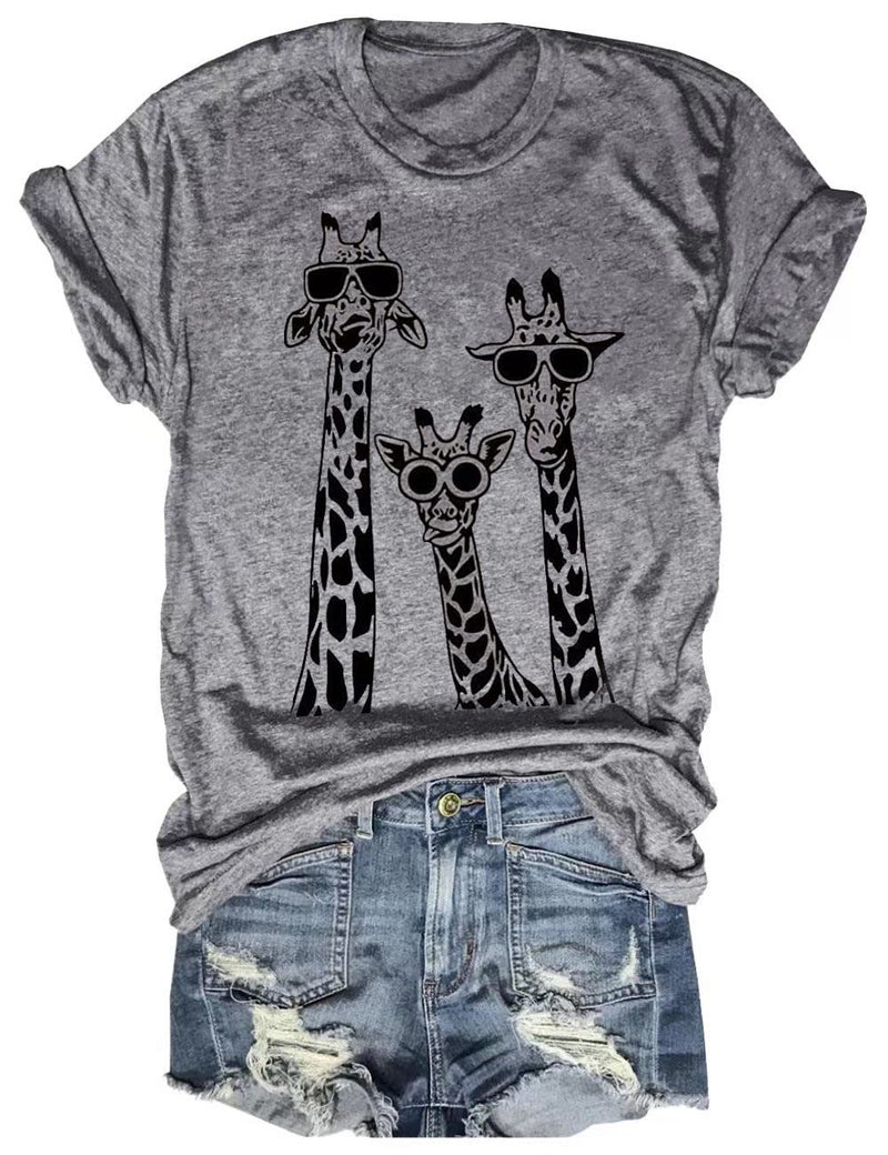 Beopjesk Womens Summer Giraffe Printed T-Shirt Funny Cute Animal Graphic Tees Tops(L,28-Gray) - Image 5