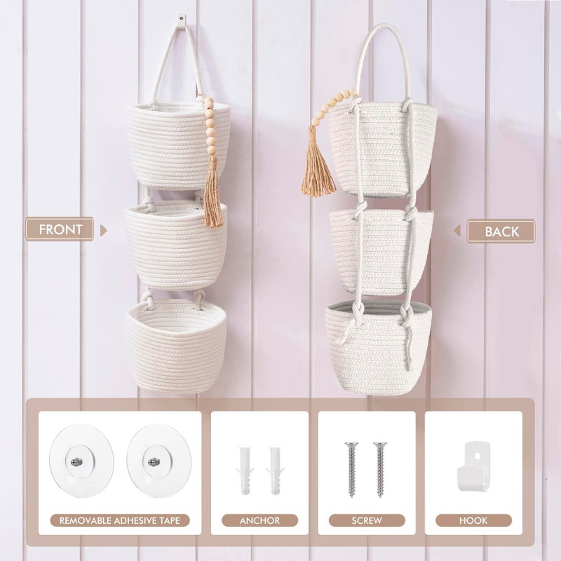 LIGHT DUST Fabric Wall Hanging Organizers - Small Woven Baskets Pouches Set Boho Style Wall Mounted Bag with Adhesive Hook, Storage Decoration Pocket Caddy for Closet Playroom RV Nursery (White & White) - Image 3