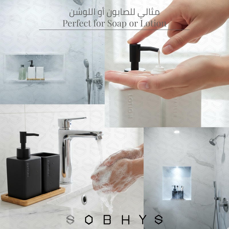 SOBHYS Ceramic Bathroom Countertop Set with Bamboo Tray, Soap/Lotion Dispenser, and Toothbrush Holder, Square Matte Finish, White and Black, 3 Pieces SOBHYS (Black Matte) - Image 4