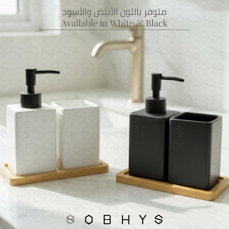 SOBHYS Ceramic Bathroom Countertop Set with Bamboo Tray, Soap/Lotion Dispenser, and Toothbrush Holder, Square Matte Finish, White and Black, 3 Pieces SOBHYS (Black Matte) - Image 3