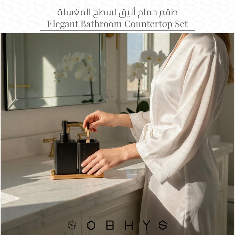 SOBHYS Ceramic Bathroom Countertop Set with Bamboo Tray, Soap/Lotion Dispenser, and Toothbrush Holder, Square Matte Finish, White and Black, 3 Pieces SOBHYS (Black Matte) - Image 5
