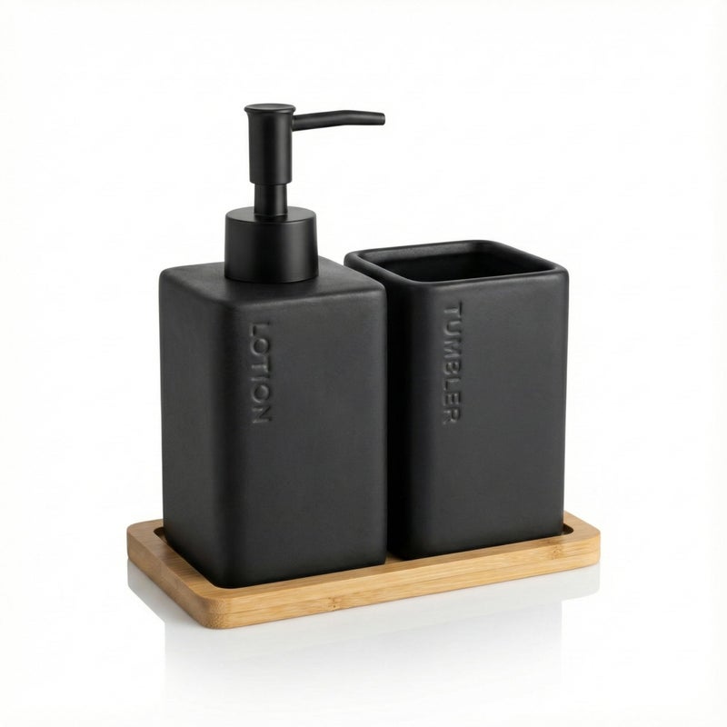 SOBHYS Ceramic Bathroom Countertop Set with Bamboo Tray, Soap/Lotion Dispenser, and Toothbrush Holder, Square Matte Finish, White and Black, 3 Pieces SOBHYS (Black Matte) - Image 1