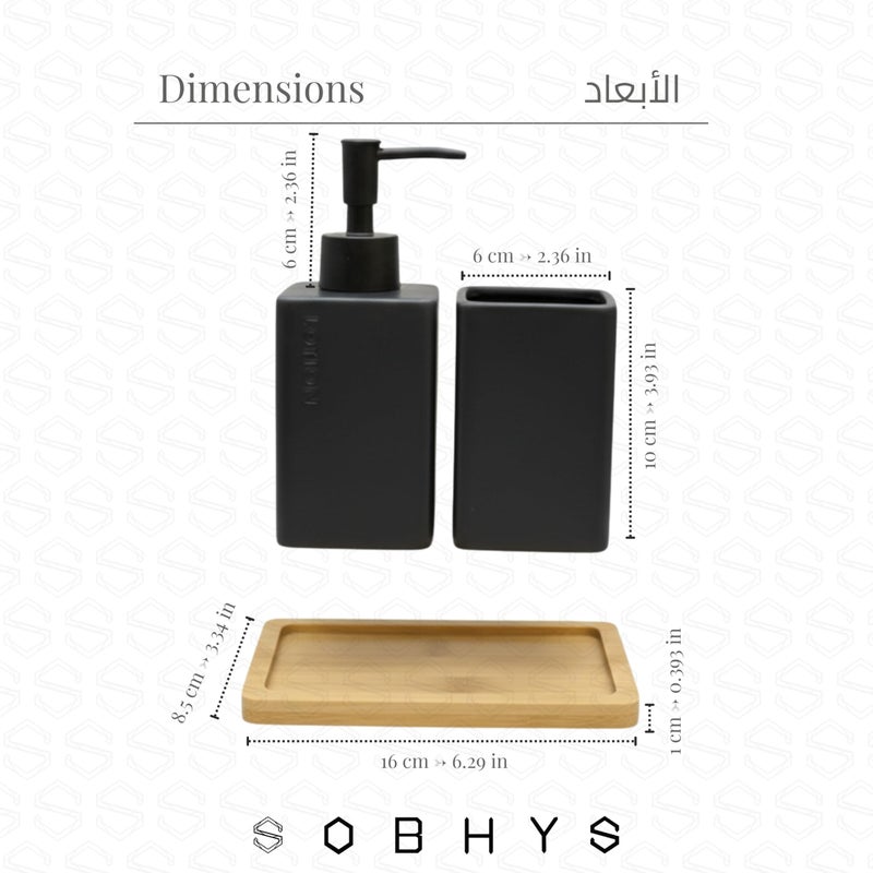 SOBHYS Ceramic Bathroom Countertop Set with Bamboo Tray, Soap/Lotion Dispenser, and Toothbrush Holder, Square Matte Finish, White and Black, 3 Pieces SOBHYS (Black Matte) - Image 2