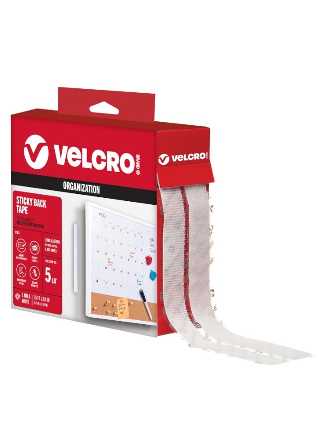 Velcro VELCRO Brand - Sticky Back Hook and Loop Fasteners| General Purpose Peel & Stick | Perfect for Home or Office | 15ft x 3/4in Roll | White  - Image 1