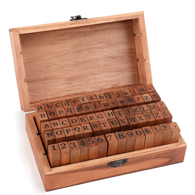 Tosnail 70 Pieces Rustic Mini Wood Rubber Stamps Letter Stamps Alphabet Stamps with Storage Box for Scrapbook, Card Making, Crafts - Image 1