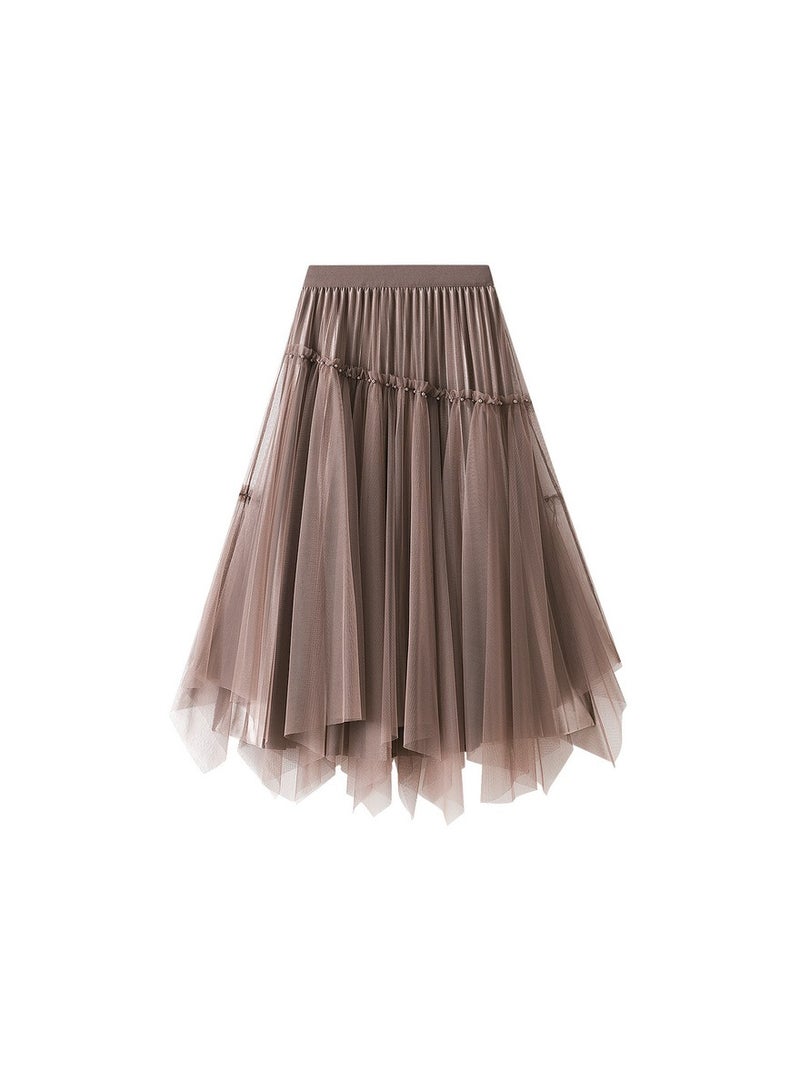Loquat Women's High Waisted Ruffled Edge Patchwork Mesh Skirt Brown  - Image 1