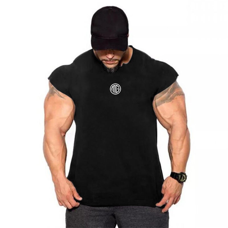 GYM sleeveless T-shirt sports waistcoat muscle mens pure cotton waistcoat running training thin top Black - Image 1