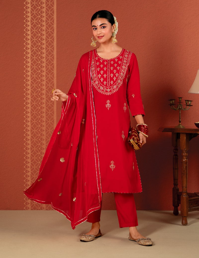 كاري طقم كورتا نسائي مستقيم مع تطريز زاري ودوباتا - Image 1
