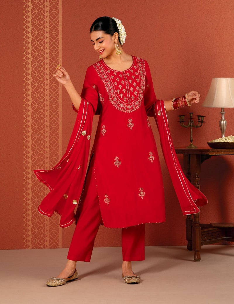 كاري طقم كورتا نسائي مستقيم مع تطريز زاري ودوباتا - Image 3