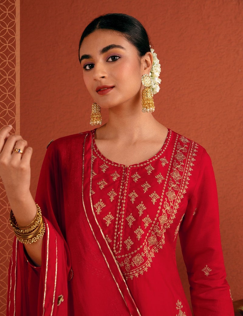 كاري طقم كورتا نسائي مستقيم مع تطريز زاري ودوباتا - Image 4