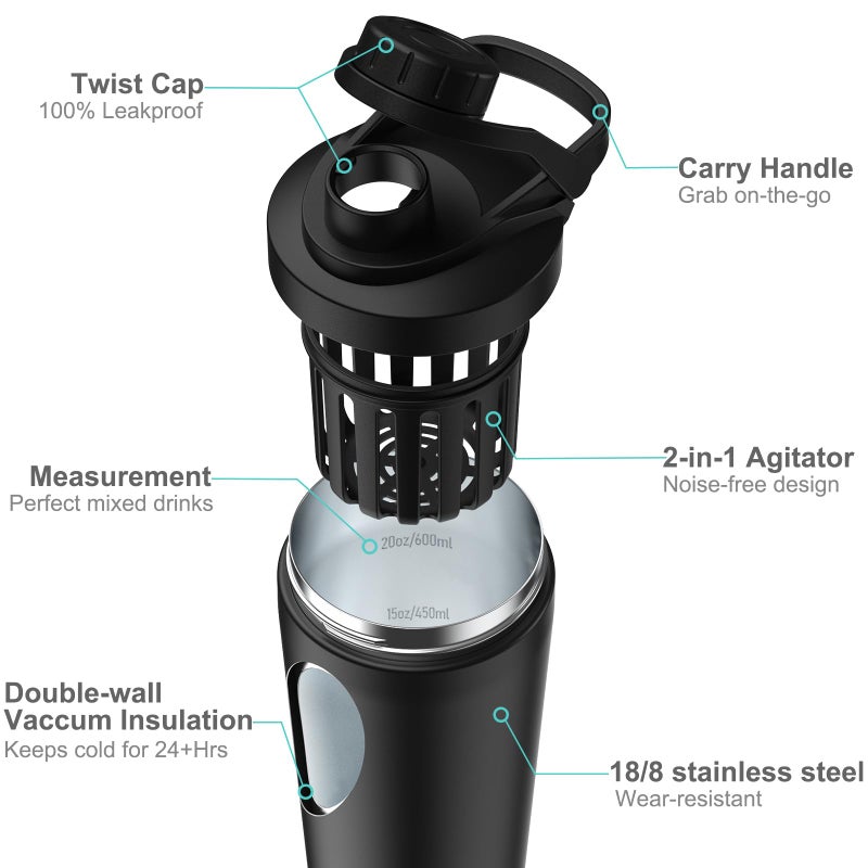 Greatyos Stainless Steel Shaker Bottle with Noise-Free Design - Patented 24 oz Insulated Metal Shakers Bottles Cup for Protein Mixes and Pre Workout 100% Leak Proof (Black) - Image 2