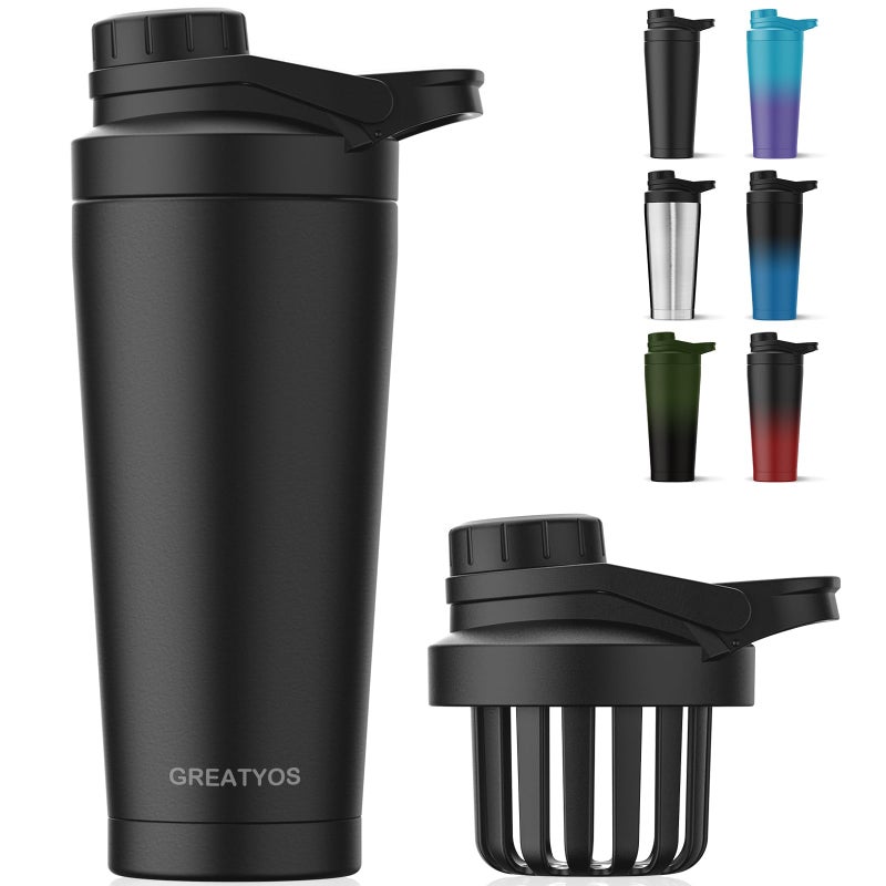 Greatyos Stainless Steel Shaker Bottle with Noise-Free Design - Patented 24 oz Insulated Metal Shakers Bottles Cup for Protein Mixes and Pre Workout 100% Leak Proof (Black) - Image 1