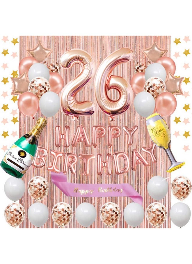 Fancy Partyshop 26Th Birthday Decorations Rose Gold Happy Birthday Banner And Sash With Number 26 Balloons Latex Confetti Balloons Ideal For Girl And Women 26 Years Old Birthday Rose Gold  - Image 1