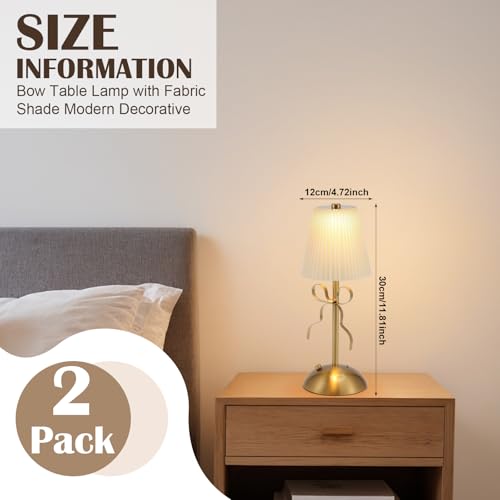 Kittmip 2 Pack Small Gold Bow Table Lamp 12 Inch for Girl's Bedroom Cute Coquette Bow Table Lamp with Fabric Shade Modern Decorative Bedside Light Small Princess Desk Lighting Boho Living Room(White) - Image 2