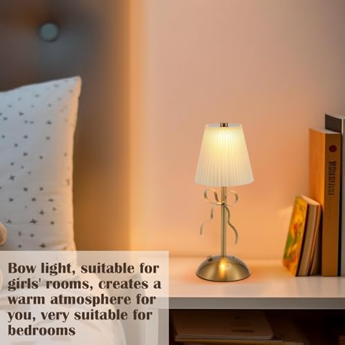 Kittmip 2 Pack Small Gold Bow Table Lamp 12 Inch for Girl's Bedroom Cute Coquette Bow Table Lamp with Fabric Shade Modern Decorative Bedside Light Small Princess Desk Lighting Boho Living Room(White) - Image 4