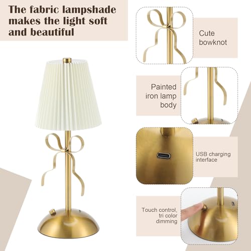 Kittmip 2 Pack Small Gold Bow Table Lamp 12 Inch for Girl's Bedroom Cute Coquette Bow Table Lamp with Fabric Shade Modern Decorative Bedside Light Small Princess Desk Lighting Boho Living Room(White) - Image 3