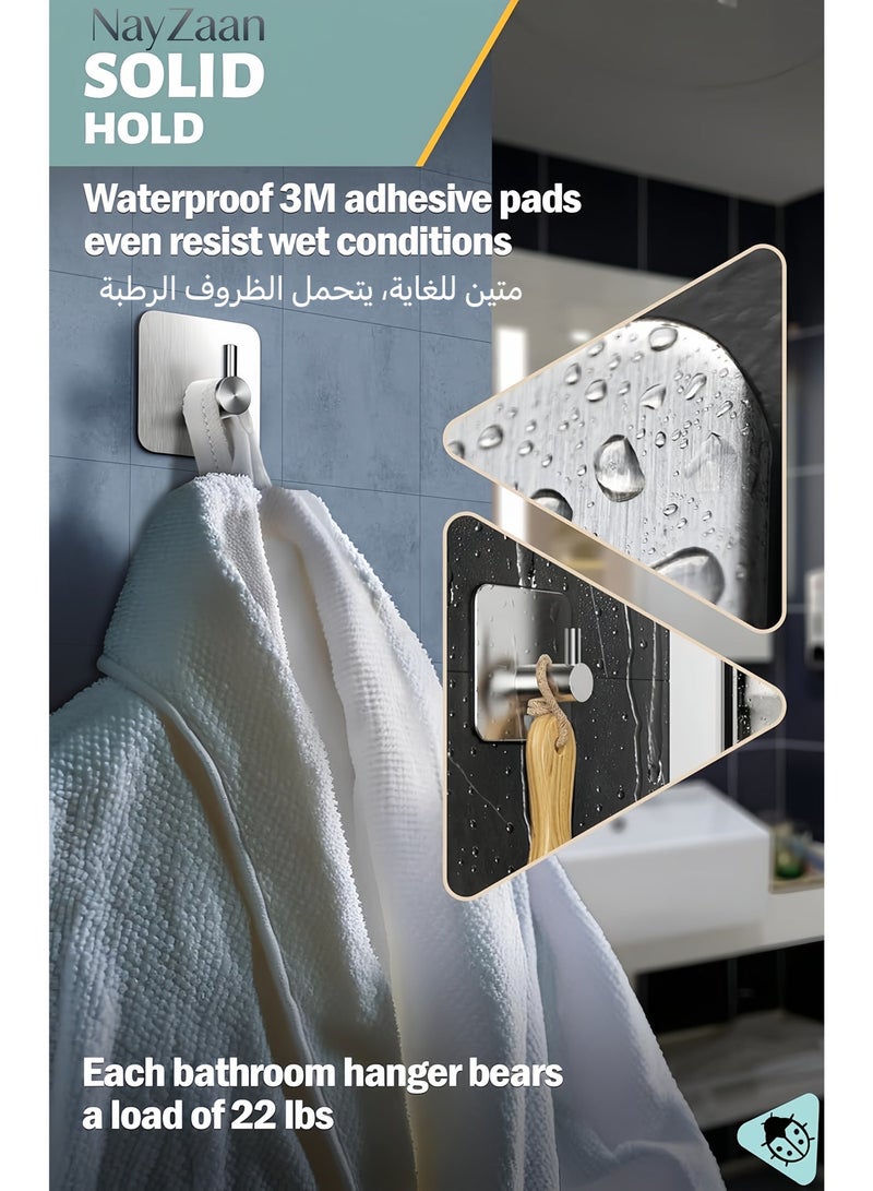 6-Pack Adhesive Towel Hooks for Bathrooms, Stainless Steel - Durable Self-Adhesive Robe Rack, Adhesive Wall Hooks, Sticky Towel Holder, Waterproof, No Drilling Required - Image 4