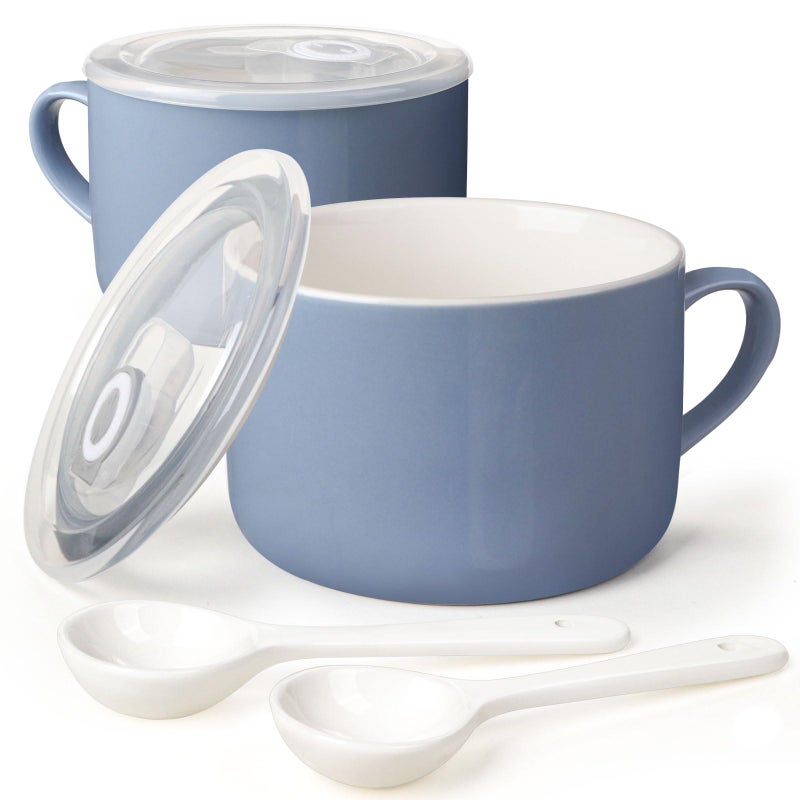 Wareland Soup Bowls with Handles & Spoons, 30oz Ceramic Ramen Bowl with Lid, Large Soup Mugs/Cups for Instant Noodle, Big Cereal Bowls for Oatmeal, Soup Containers with Lids, Set of 2, Sky Blue - Image 1