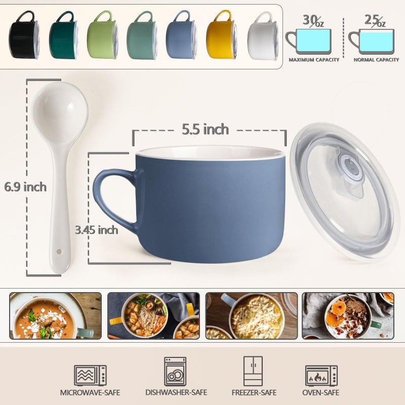 Wareland Soup Bowls with Handles & Spoons, 30oz Ceramic Ramen Bowl with Lid, Large Soup Mugs/Cups for Instant Noodle, Big Cereal Bowls for Oatmeal, Soup Containers with Lids, Set of 2, Sky Blue - Image 2