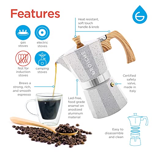 GROSCHE Milano Moka pot, Stovetop Espresso maker, Greca Coffee Maker, Stovetop coffee maker and espresso maker percolator (Grey, 6 cup) - Image 3