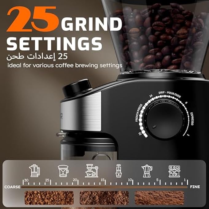 CONOYAR Burr Coffee Grinder With Digital Timer Display Electric Coffee Bean Grinder With 25 Precise Settings For Espresso Drip Pour Over Cold Brew French Press Black - Image 2