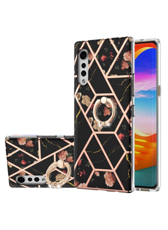 اس-توب جراب لهاتف LG مخملي مطلي بالكهرباء بنمط زهرة رخامية من مادة TPU مقاوم للصدمات مع حامل حلقي من حجر الراين - Image 1