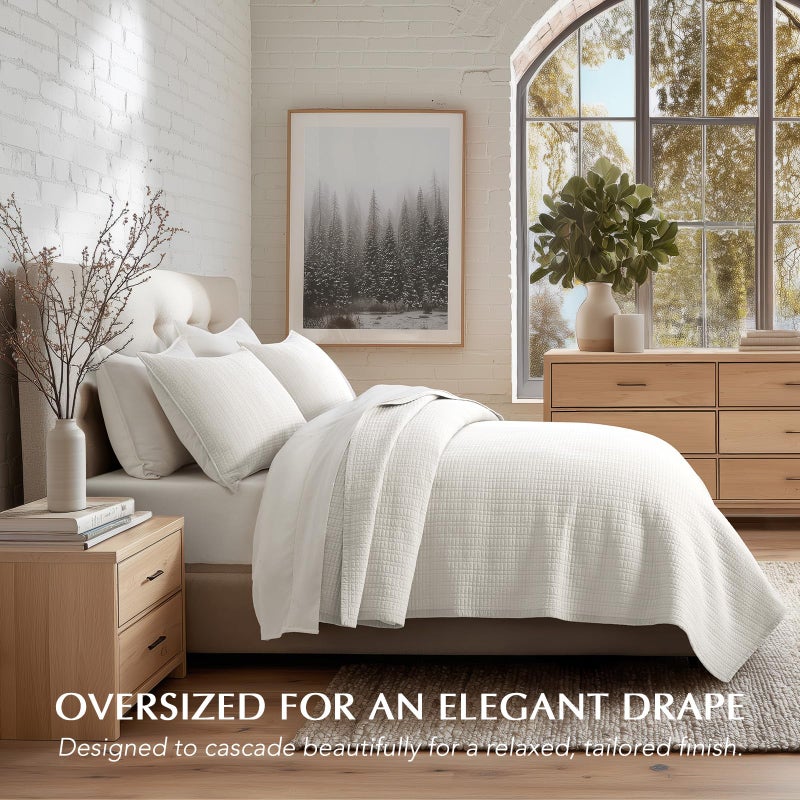 EverGrace 100% Cotton Quilt King Size, Pre-Washed Modern Grid Stitch Lightweight Bedspread Coverlet for All Season, Oversized 3-Piece Bedding Set with 2 Pillow Shams, Bright White - Image 2