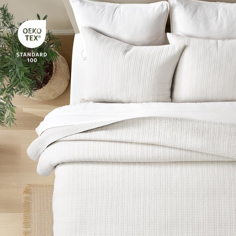 EverGrace 100% Cotton Quilt King Size, Pre-Washed Modern Grid Stitch Lightweight Bedspread Coverlet for All Season, Oversized 3-Piece Bedding Set with 2 Pillow Shams, Bright White - Image 4