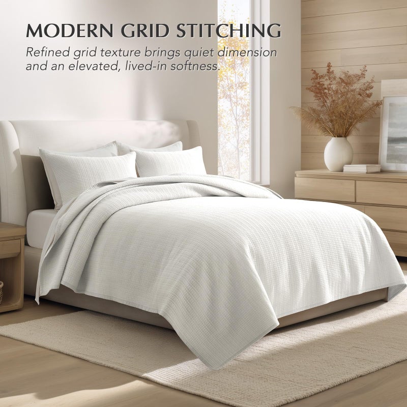 EverGrace 100% Cotton Quilt King Size, Pre-Washed Modern Grid Stitch Lightweight Bedspread Coverlet for All Season, Oversized 3-Piece Bedding Set with 2 Pillow Shams, Bright White - Image 5
