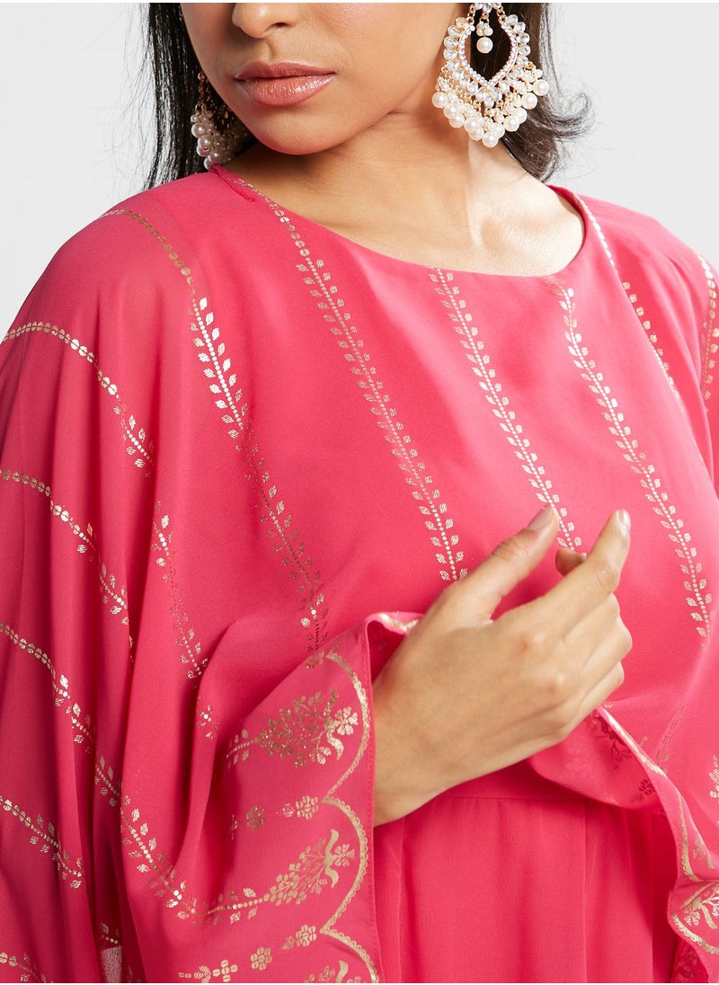 indya - Foil Print Kurti With Attached Dupatta - Image 1