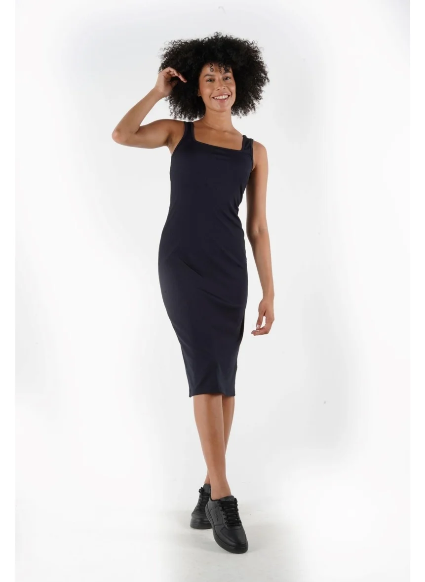 الكسندر جاردي Square Neck Strappy Ribbed Pencil Dress (B24-00205)